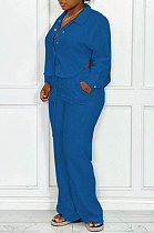 Blue Women Fashion Solid Color Turn-Down Collar Cardigan Single-Breasted Pants Sets QHH8664-3