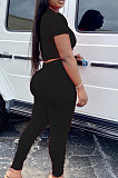 Black Women Shirred Detail Pure Color Short Sleeve T Shirt Bodycon Pants Sets AL153-6