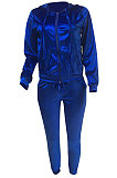 Blue Newest Velvet Long Sleeve Zip Front Hooded Coat Sweat Pants Solid Color Sets OEP6310-4