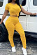 Yellow Women Shirred Detail Pure Color Short Sleeve T Shirt Bodycon Pants Sets AL153-3
