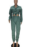 Balck Euramerican Women Corduroy Solid Color Button Tied Turn-Down Collar Cardigan Pants Sets QMQ7066-3