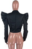 Black Fashion Newest Puff Sleeve Lapel Neck Double-Breasted Solid Color Coat TZ1207-1