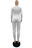 White Wholesale Casual Long Sleeve V Neck T-Shirts Drawsting Pants Solid Color Sets PQ8059-2