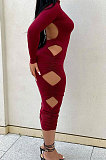 Wine Red Sexy Pure Color Long Sleeve High Neck Hollow Out Ruffle Backless Bodycon Dress PQ8060
