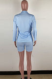 Light Blue Wholesale Woman Long Sleeve Lapel Neck Single-Breasted Shirt Shorts Solid Color Two-Piece TZ1204-1