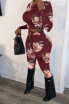 Wine Red Fashion Print Long Sleeve Crop Hoodie High WaIst Badage Bodycon Pants Sets PQ8009-2