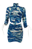 Blue Women Sexy Printing Bandage Ruffle Skirts Sets HZF57810