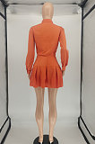 Orange Women Long Sleeve Cardigan Turn-Down Collar Fashion Sexy Ruffle Skirts Sets SMY81112-1