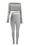 Gray Women A Word Shoulder Ruffle Sleeve Sexy Bandage Hollow Out Pants Sets HZF57809-2