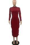 Wine Red Sexy Pure Color Long Sleeve High Neck Hollow Out Ruffle Backless Bodycon Dress PQ8060