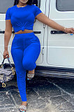 Blue Women Shirred Detail Pure Color Short Sleeve T Shirt Bodycon Pants Sets AL153-7