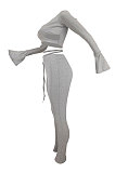 Orange Women A Word Shoulder Ruffle Sleeve Sexy Bandage Hollow Out Pants Sets HZF57809-1