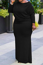 Black Big Yrads Cotton Blend Long Sleeve Round Neck Collcet Waist Fat Woman Maxi Dress SY8825-3
