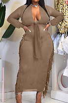 Drak Brown Cotton Blend Long Sleeve Cardigan Cute Tassle Bodycon Skirts Sets S66313-1
