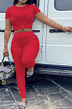 Rose Red Women Shirred Detail Pure Color Short Sleeve T Shirt Bodycon Pants Sets AL153-1