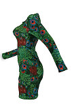 Green Sexy Women Peacock Feathers Printing Irregular Zipper Mini Dress HZF57811-1