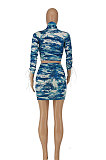Blue Women Sexy Printing Bandage Ruffle Skirts Sets HZF57810