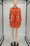 Orange Women Long Sleeve Cardigan Turn-Down Collar Fashion Sexy Ruffle Skirts Sets SMY81112-1