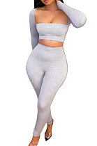 Gray Women Autumn Winter Elastic Sexy U Collar Solid Color Long Sleeve Long Pants Sets MOL174-1