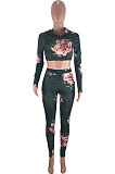 Gray Cyan Fashion Print Long Sleeve Crop Hoodie High WaIst Badage Bodycon Pants Sets PQ8009-1