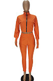 Black Women Long Sleeve Zipper Pure Color Bodycon Pants Sets QMQ7064-2