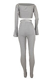 Gray Women A Word Shoulder Ruffle Sleeve Sexy Bandage Hollow Out Pants Sets HZF57809-2