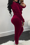Purplish Red Newest Velvet Long Sleeve Zip Front Hooded Coat Sweat Pants Solid Color Sets OEP6310-2