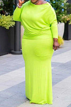 Neon Green Big Yrads Cotton Blend Long Sleeve Round Neck Collcet Waist Fat Woman Maxi Dress SY8825-4
