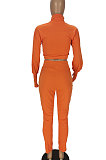 Orange Women Long Sleeve Zipper Pure Color Bodycon Pants Sets QMQ7064-1