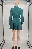 Dark Green Women Long Sleeve Cardigan Turn-Down Collar Fashion Sexy Ruffle Skirts Sets SMY81112-2