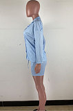 Light Blue Wholesale Woman Long Sleeve Lapel Neck Single-Breasted Shirt Shorts Solid Color Two-Piece TZ1204-1