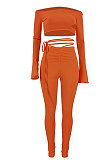 Orange Women A Word Shoulder Ruffle Sleeve Sexy Bandage Hollow Out Pants Sets HZF57809-1