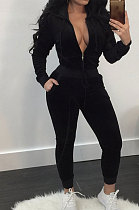 Black Newest Velvet Long Sleeve Zip Front Hooded Coat Sweat Pants Solid Color Sets OEP6310-1