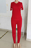 Red Women Shirred Detail Pure Color Short Sleeve T Shirt Bodycon Pants Sets AL153-5