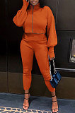 Rose Red Women Long Sleeve Zipper Pure Color Bodycon Pants Sets QMQ7064-3