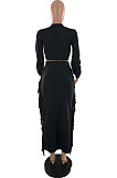 Black Cotton Blend Long Sleeve Cardigan Cute Tassle Bodycon Skirts Sets S66313-2