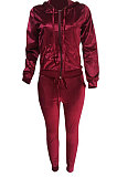 Purplish Red Newest Velvet Long Sleeve Zip Front Hooded Coat Sweat Pants Solid Color Sets OEP6310-2