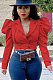 Red Fashion Newest Puff Sleeve Lapel Neck Double-Breasted Solid Color Coat TZ1207-2
