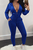 Blue Newest Velvet Long Sleeve Zip Front Hooded Coat Sweat Pants Solid Color Sets OEP6310-4