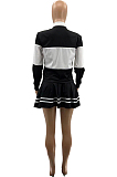 Black Preppy Newest Spliced Long Sleeve Lepal Neck Top Side Strip Mini Skirts Sport Sets SZS8165-2