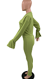 Light Green Fashion Ribber Horn Sleeve Round Collar Top Pencil Pants Slim Fitting Two-Piece TD80055-1