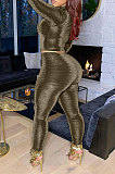 Gold Yellow Simple Woman Velvet Long Sleeve High Collar Top Bodycon Pants Slim Fitting Sets TK6143-2