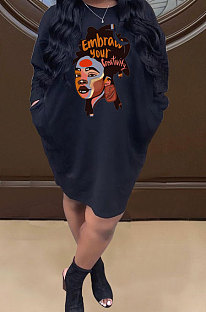 Black Women Pullover Round Collar Casual Printing Loose Pocket Mini Dress HZF57816