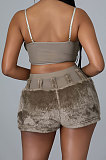 Khaki Women Sleeveless Strapless Tank Pure Color Sport Sexy Condole Belt Shorts Sets YF9248-2