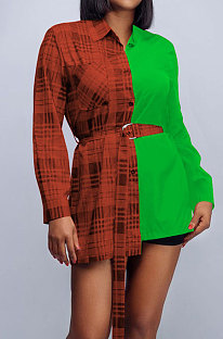 Green Plaid Digital Print Contrast Color Spliced Long Sleeve Single-Breasted With Beltband Shirts SZS8170-2