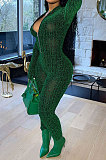 WHOLESALE | Green Autumn Winter Mesh Long Sleeve Zip Front Slim Fitting Jumpsuits ALS266-1