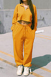 Yellow Women Fashion Casual Pure Color Long Sleeve Crop Pants Sets AYQ08020-5