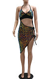 Black Women Irregular Halter Neck Strapless Sexy Mid Waist Pure Color Club Sequins Dew Waist Mini Dress YF9256-1