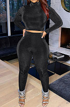 Black Simple Woman Velvet Long Sleeve High Collar Top Bodycon Pants Slim Fitting Sets TK6143-1