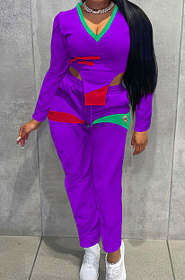Purple Cotton Blend Positioning Print Long Sleeve V Neck Blouse Sweat Pants Casual Sets SZS8169-2